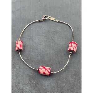 Vtg Jordan Filmo Clay Bead Sterling Silver Bracelet Floral Red